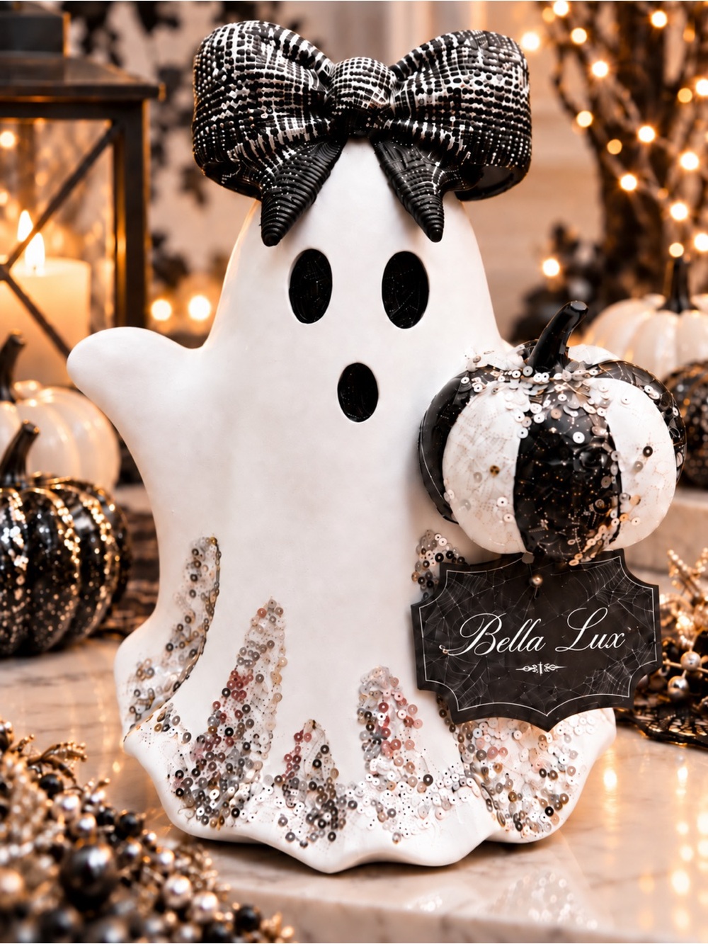 Bella Lux Sequined Girl Ghost Holding Pumpkin Figurine